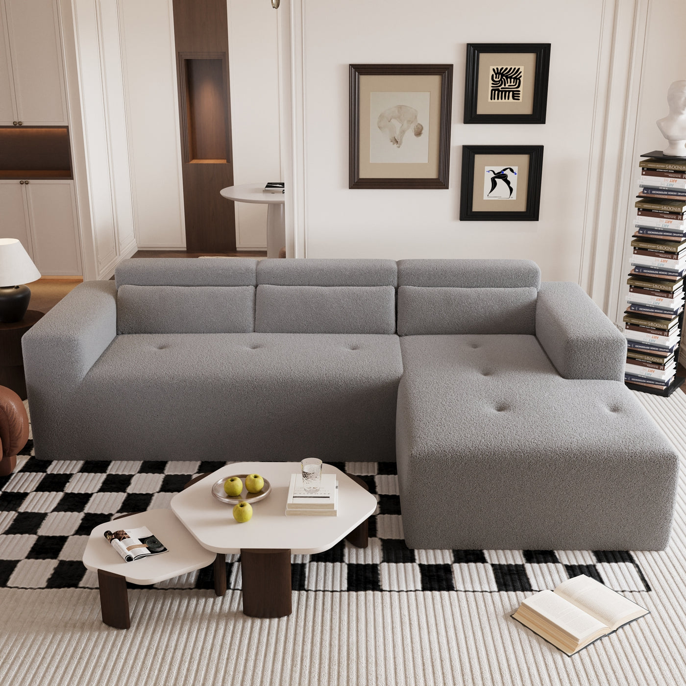 109'' Modern Modular Sectional Sofa, Teddy Fabric L Shaped Couch, 3 Seat Corner Sofa Couch, Modern Upholstered Couch with Chaise & Pillows for Living Room Apartment, No Assembly Required