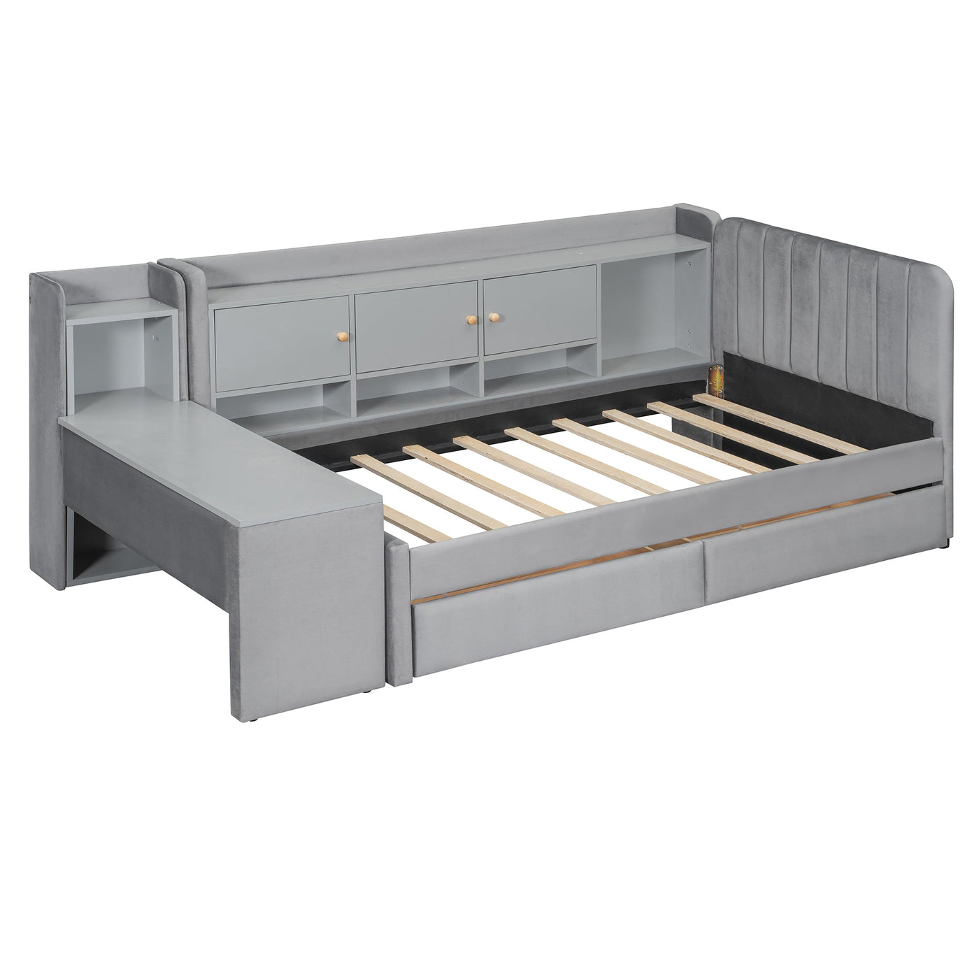 Twin Size Upholstered Daybed with Drawers, Shelves, Flip Cabinets & Side Table (Gray)