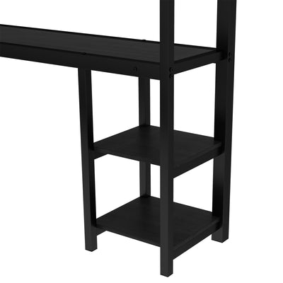 Queen Over Twin XL Metal Bunk Bed/Loft Bed with Desk and Shelves, Multiple Uses Folds into Sofa with LED and USB, Black