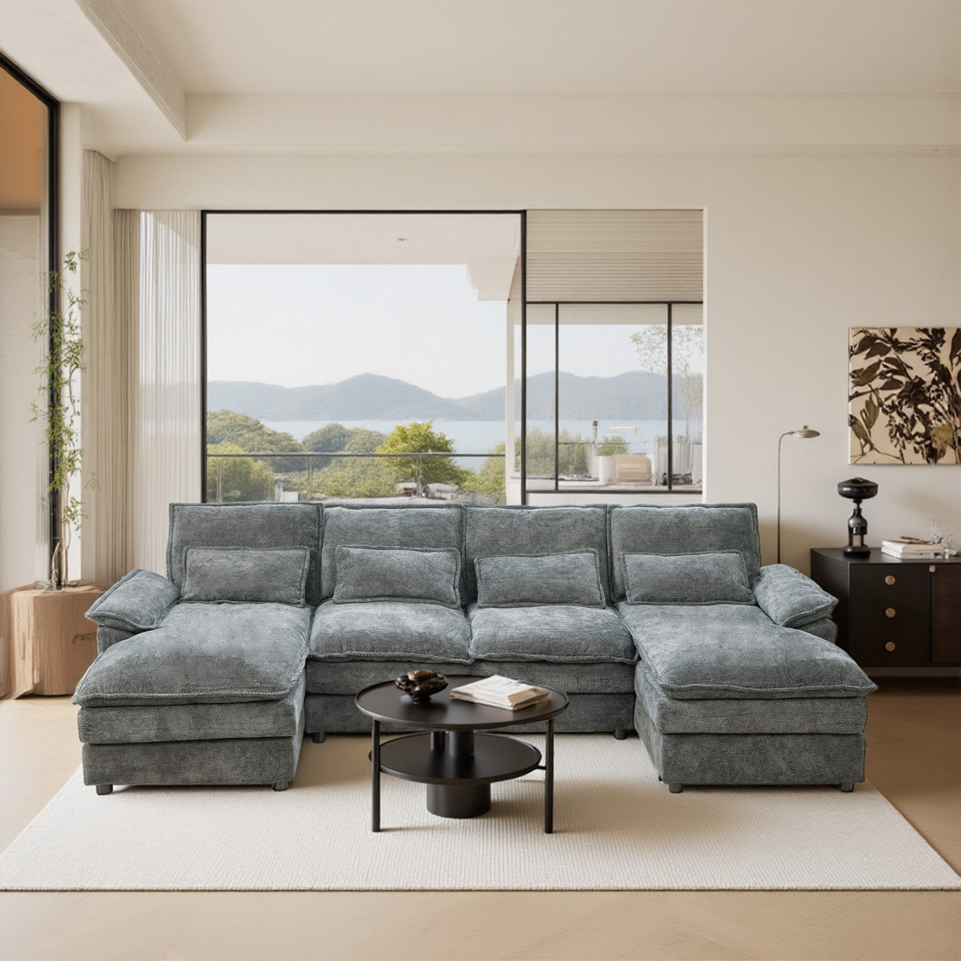110' Modular Sectional Sofa Cloud Couch with Double Chaise Lounge , U Shaped Chenille Upholstered Leisure Sofa&Couches with Memory Foam and Waist Pillows for Living Room Office,Grey.