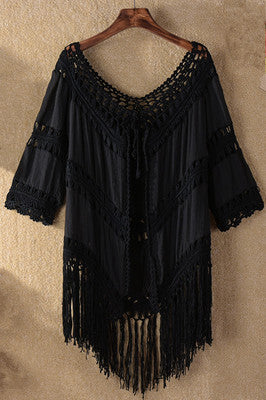 Women Clothing Hand Crocheting Stitching Tassel Lace up Solid Color Hollow Out Overclothes Sunscreen Beach Cover Up