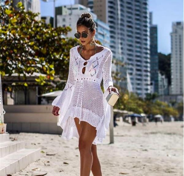 Hollow out Knitted Dress Bell Sleeve Beach Jacket Sexy Beach Cover Up Sun Protection Clothing Swimsuit Outwear Crochet hook
