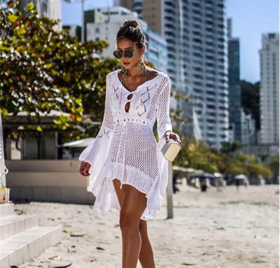 Hollow out Knitted Dress Bell Sleeve Beach Jacket Sexy Beach Cover Up Sun Protection Clothing Swimsuit Outwear Crochet hook
