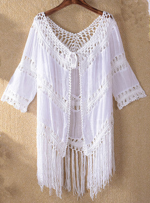 Women Clothing Hand Crocheting Stitching Tassel Lace up Solid Color Hollow Out Overclothes Sunscreen Beach Cover Up
