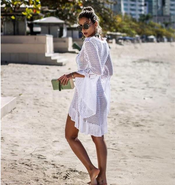 Hollow out Knitted Dress Bell Sleeve Beach Jacket Sexy Beach Cover Up Sun Protection Clothing Swimsuit Outwear Crochet hook