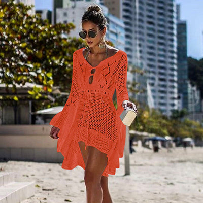 Women Clothing Irregular Asymmetric Deep V Plunge Sexy Bell Sleeve Hollow Out Cutout Woven Beach Overclothes Dress