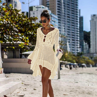 Women Clothing Irregular Asymmetric Deep V Plunge Sexy Bell Sleeve Hollow Out Cutout Woven Beach Overclothes Dress