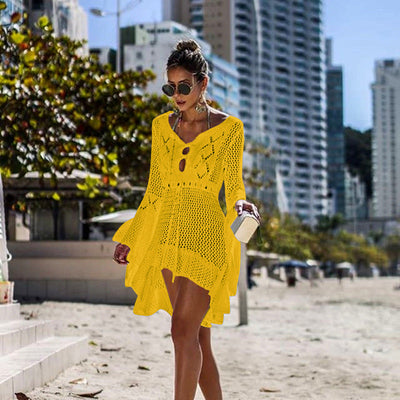 Women Clothing Irregular Asymmetric Deep V Plunge Sexy Bell Sleeve Hollow Out Cutout Woven Beach Overclothes Dress