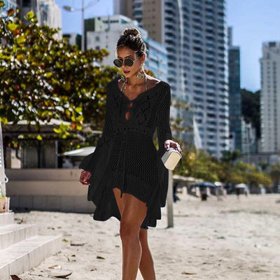Women Clothing Irregular Asymmetric Deep V Plunge Sexy Bell Sleeve Hollow Out Cutout Woven Beach Overclothes Dress