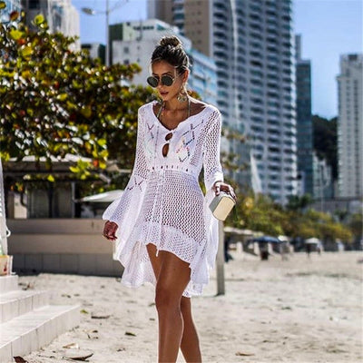 Women Clothing Irregular Asymmetric Deep V Plunge Sexy Bell Sleeve Hollow Out Cutout Woven Beach Overclothes Dress