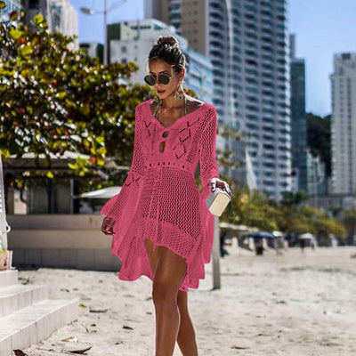 Women Clothing Irregular Asymmetric Deep V Plunge Sexy Bell Sleeve Hollow Out Cutout Woven Beach Overclothes Dress