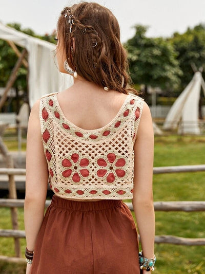 Women Summer Vacation Sleeveless Floral Crochet Crop Top Crochet hook