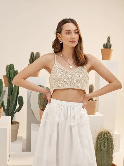 Women Summer Vacation Sleeveless Floral Crochet Solid Crop Top Crochet hook
