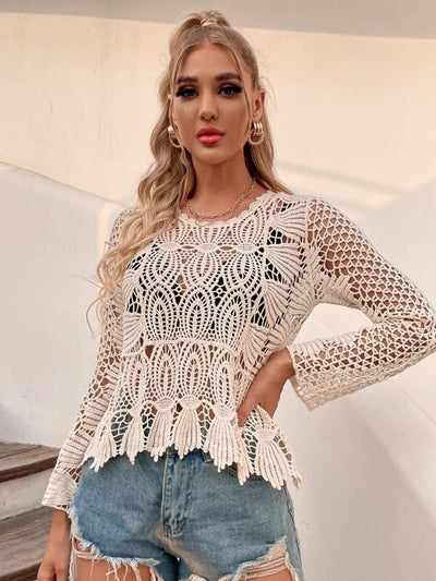 Women Summer Vacation long sleeve Floral Crochet Top Crochet hook