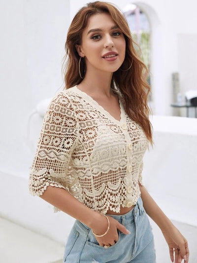 Women Summer Vacation Short Sleeve Solid Crochet Top Crochet hook