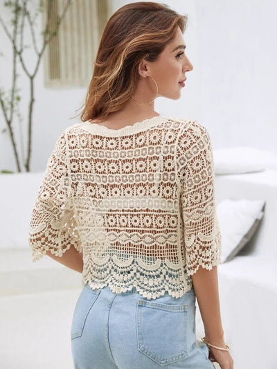 Women Summer Vacation Short Sleeve Solid Crochet Top Crochet hook