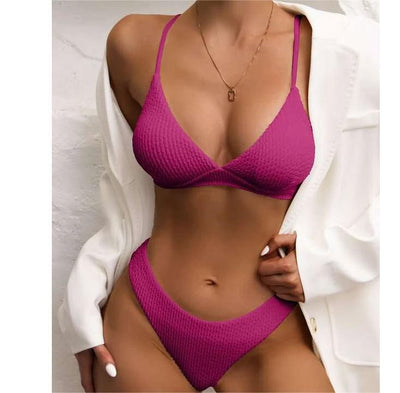 Women Seperated Swimwear Sunken Stripe Solid Color Sexy Bikini Swimsuit