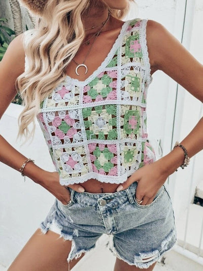 Women Summer Vacation Sleeveless Crochet Floral Crop Top Crochet hook