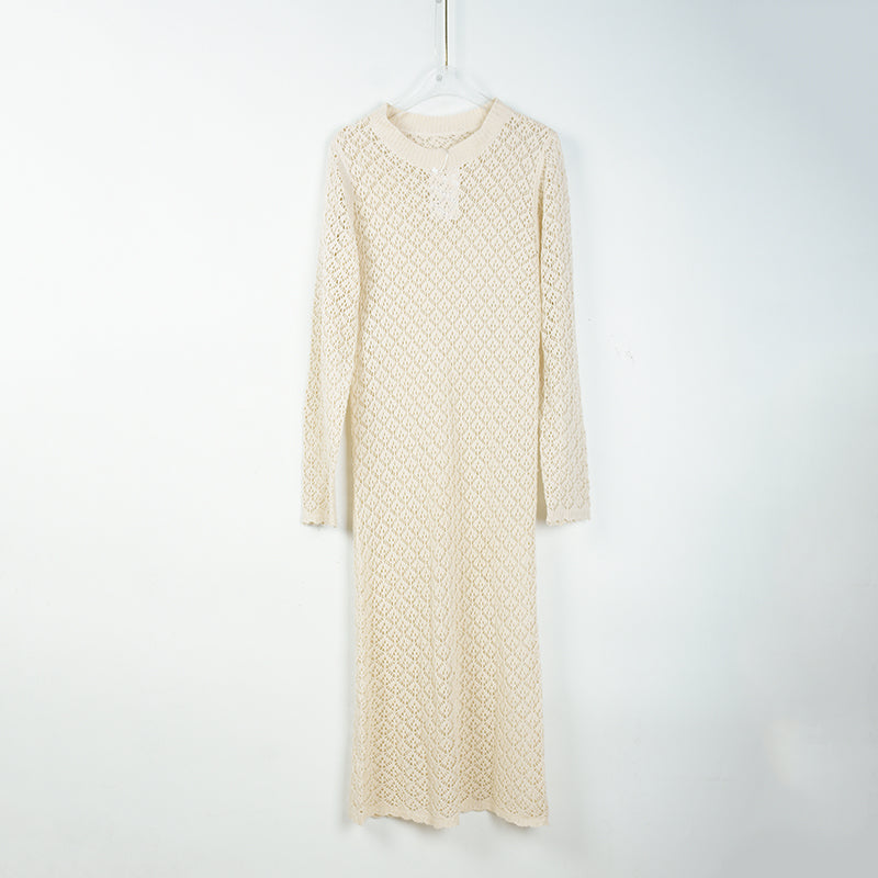 Winter Knitting Midi Dress Solid Color Knitted Hollow Out Cutout Out Long Sleeve Slim Fit Sexy Dress Women Crochet hook