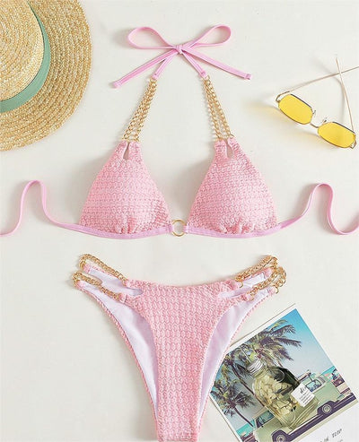 Bikini Chain Split Swimsuit Bandage Triangle Hollow Out Cutout Beach Swimsuit Women