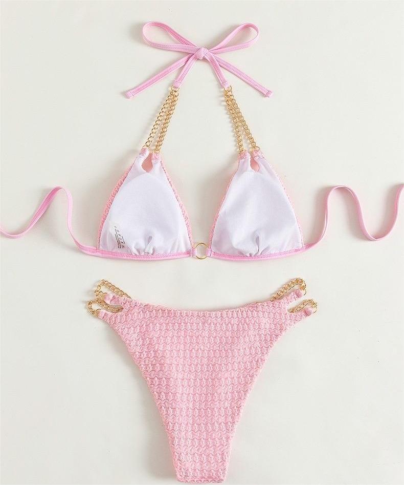 Bikini Chain Split Swimsuit Bandage Triangle Hollow Out Cutout Beach Swimsuit Women