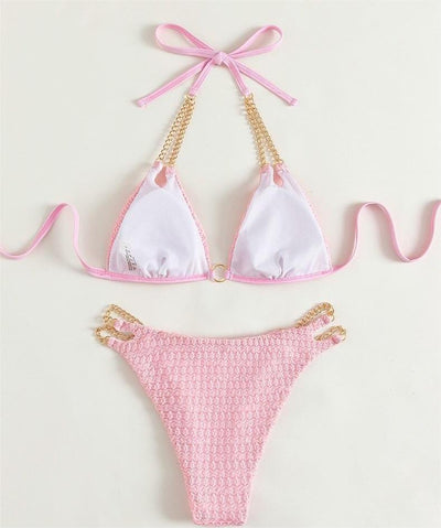 Bikini Chain Split Swimsuit Bandage Triangle Hollow Out Cutout Beach Swimsuit Women