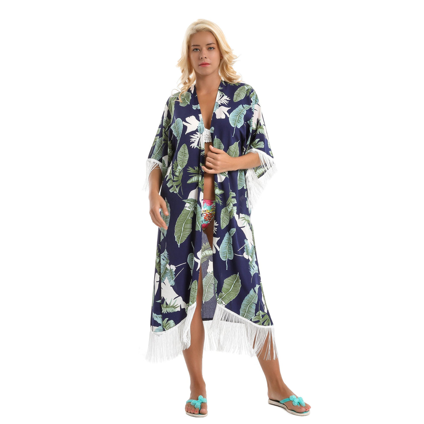 Summer Holiday Trend Leaf Pattern Tassel Bikini Jacket Sun Protective Blouse Cardigan