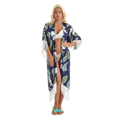 Summer Holiday Trend Leaf Pattern Tassel Bikini Jacket Sun Protective Blouse Cardigan