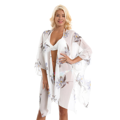 Simple Orchid Printing Vacation Beach Bikini Cardigan Chiffon Sunscreen Jacket