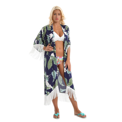 Summer Holiday Trend Leaf Pattern Tassel Bikini Jacket Sun Protective Blouse Cardigan