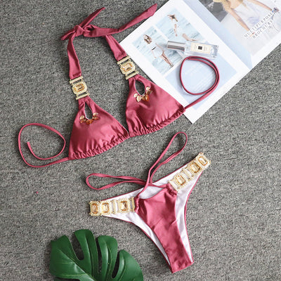 Bikini Sexy Crystal Diamond Bandage Solid Color Split Women Swimsuit