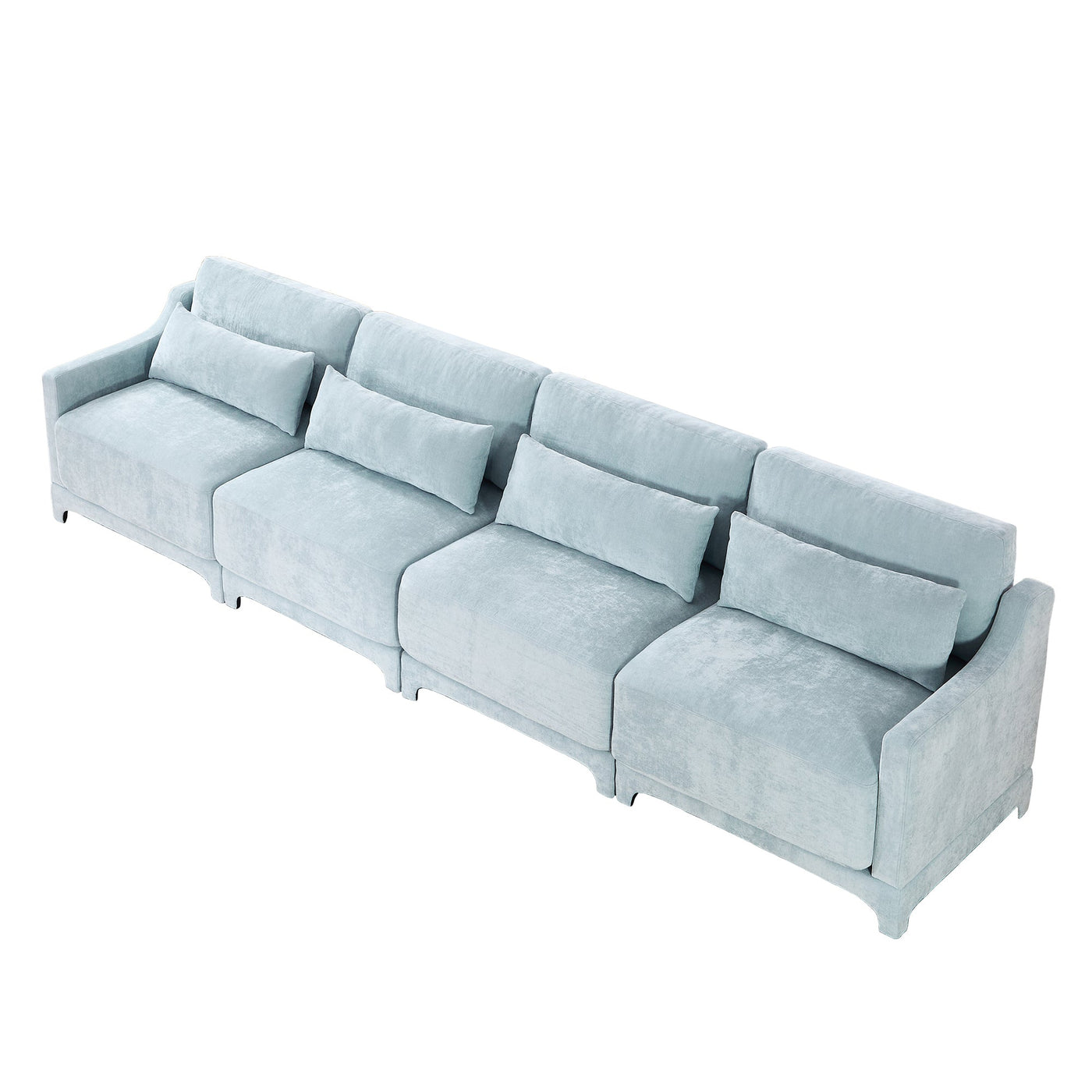 Sky Blue Four-Seater Chenille Sofa with Lumbar Pillow, Ergonomic Design, Solid Wood Frame