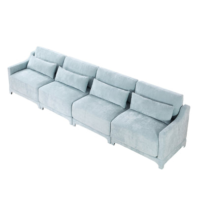 Sky Blue Four-Seater Chenille Sofa with Lumbar Pillow, Ergonomic Design, Solid Wood Frame