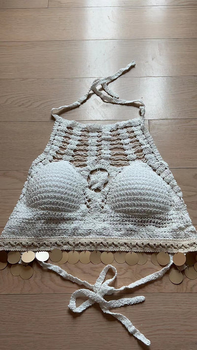 Women Summer Bright Leaf Crocheted Hollow Sling Rear Strap Top Crochet hook