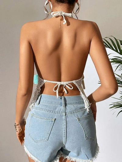 Women Summer Tassel Crocheted Hollow Sling Rear Strap Top Crochet hook