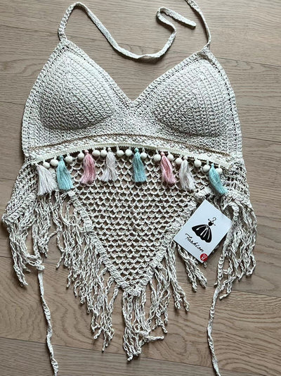 Women Summer Tassel Crocheted Hollow Sling Rear Strap Top Crochet hook