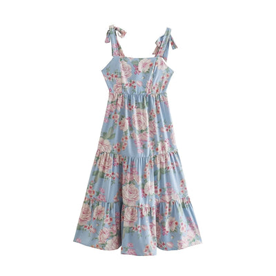 Women Clothing French High Waist Slimming Printed Backless Lace up Back Bow Tie Dress