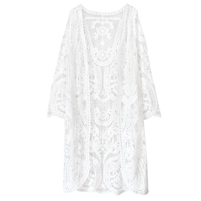 Mesh Swimsuit See through Long Outer Match Sun Protection Clothing Lace Embroidered Cardigan Beach Bikini Beach Jacket Women