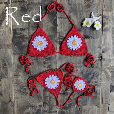 Vacation Split Swimsuit Hand-Woven Daisy Pattern Beach Bikini