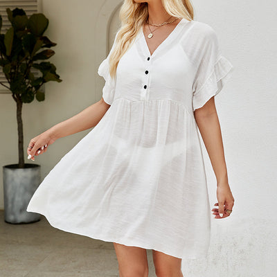 Arrival Vacation Sun Protection Blouse Solid Color Stringy Selvedge Cuff Sexy See through Bikini Smock Dress