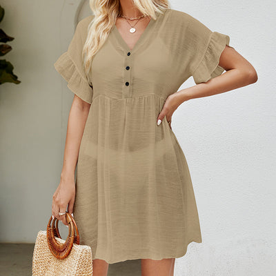 Arrival Vacation Sun Protection Blouse Solid Color Stringy Selvedge Cuff Sexy See through Bikini Smock Dress