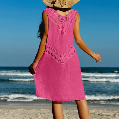 Vacation Beach Crochet Double V Neck Patchwork Hollow Out Cutout Out Camisole See Through Bikini Cover Up Dress