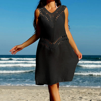 Vacation Beach Crochet Double V Neck Patchwork Hollow Out Cutout Out Camisole See Through Bikini Cover Up Dress