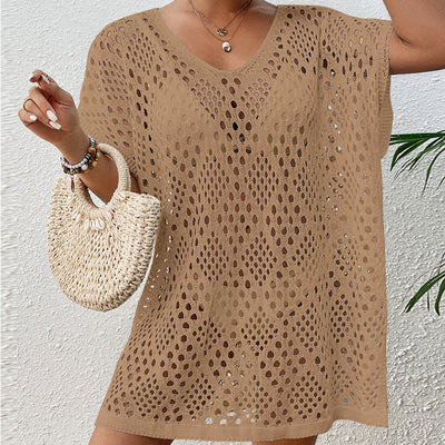 Women Wear Hollow Out Cutout Woven Loose Mid Length Beach Cover up Vacation Beach Sun Protection Shirt Crochet hook