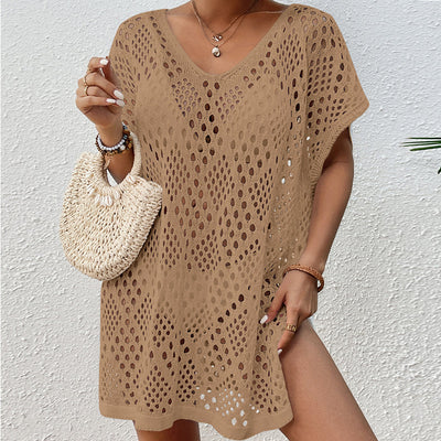 Women Wear Hollow Out Cutout Woven Loose Mid Length Beach Cover up Vacation Beach Sun Protection Shirt Crochet hook