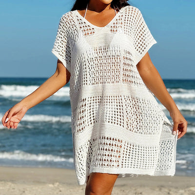 Vacation Sexy Cutout V-neck Loose Pullover Women Beach Sun Protection Blouse Beach Overskirt Crochet hook