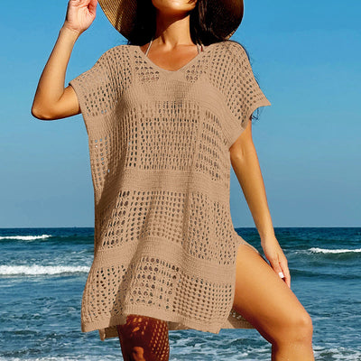 Vacation Sexy Cutout V-neck Loose Pullover Women Beach Sun Protection Blouse Beach Overskirt Crochet hook