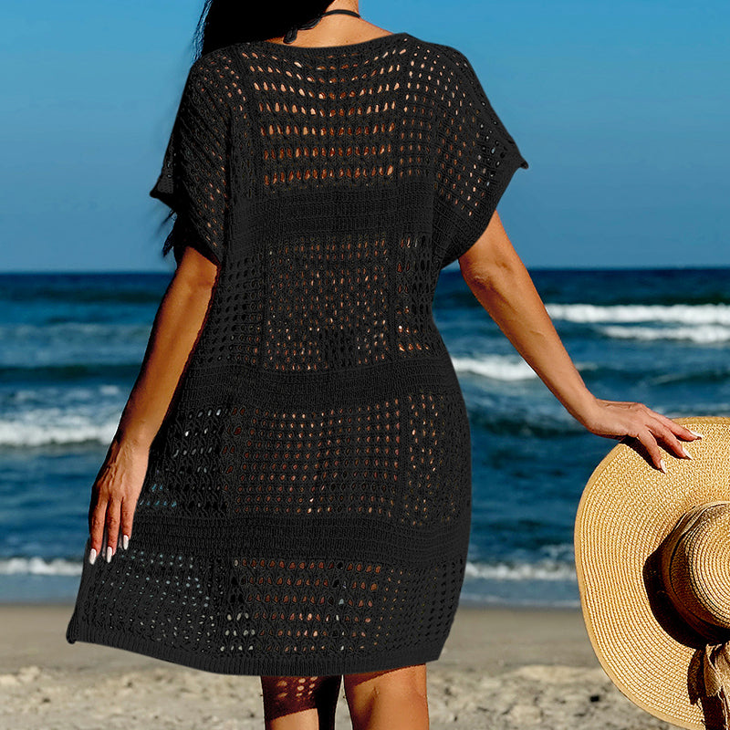 Vacation Sexy Cutout V-neck Loose Pullover Women Beach Sun Protection Blouse Beach Overskirt Crochet hook