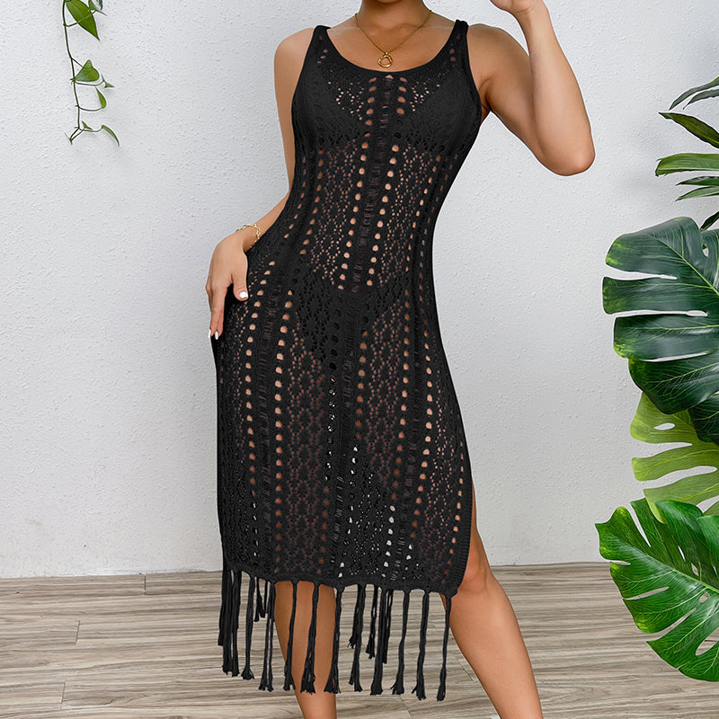 Vacation Sexy Solid Color Spaghetti Straps Knitted High Slit Hollow Out Cutout Tassel Dress Beach Sun Protection Blouse Crochet hook