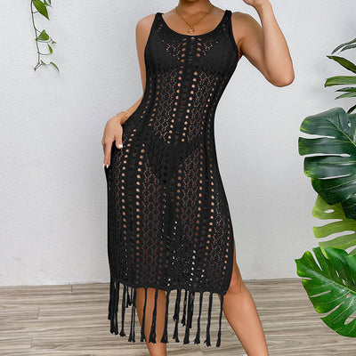 Vacation Sexy Solid Color Spaghetti Straps Knitted High Slit Hollow Out Cutout Tassel Dress Beach Sun Protection Blouse Crochet hook
